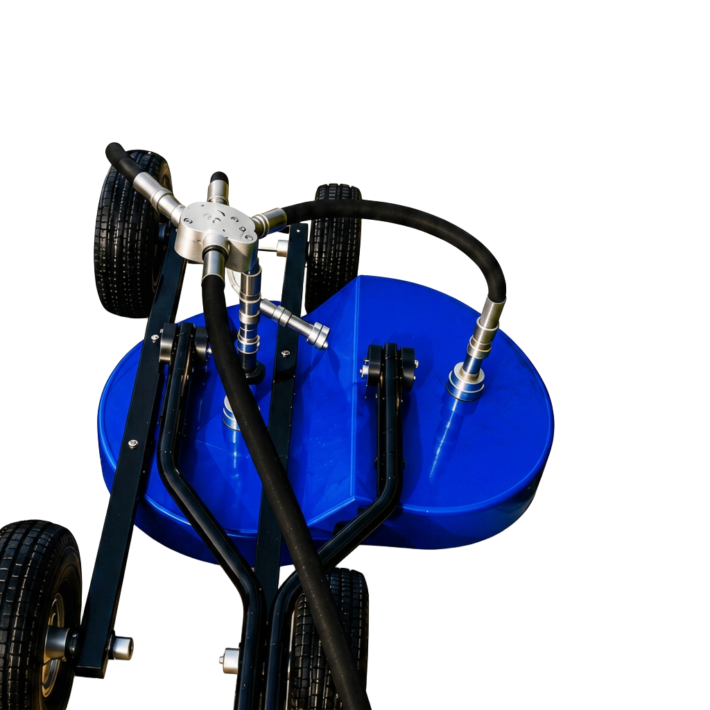 Close-up of the 1Swipe Curb Pro swivel head, hoses and blue deck